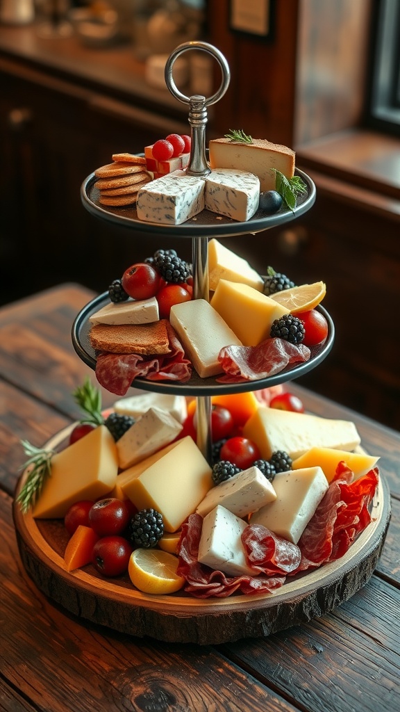 Elegant Three-Tier Appetizer Stand Recipe Three-tier appetizer stand with cheeses, fruits, and cured meats on a rustic wooden table.